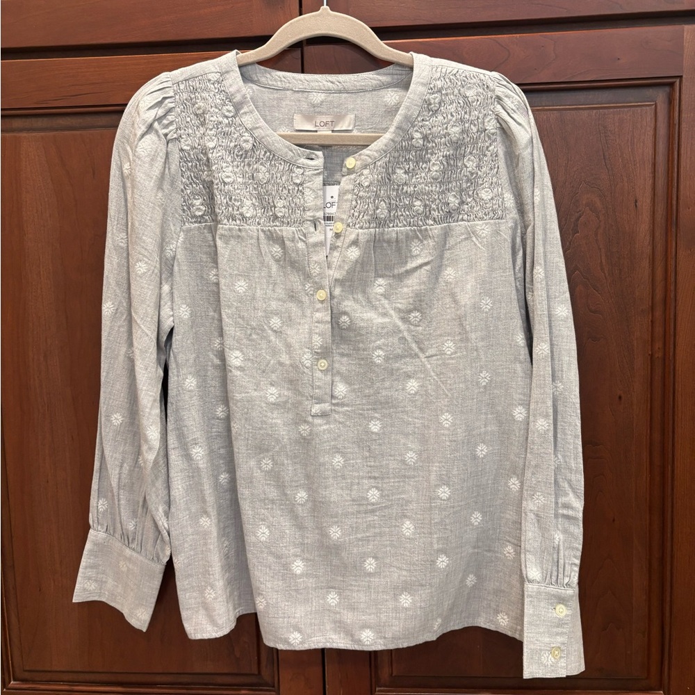 LOFT Light Gray Smocked Blouse